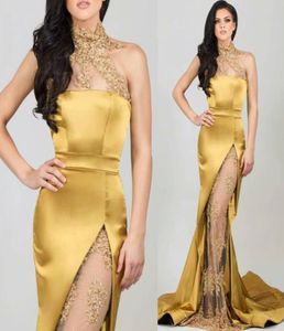 Sjöjungfru High Neck Gold Evening Dresses Pärlade Applices Seethrough High Leg Slit Formell klänningar Sexig festklänning1372053