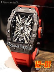 2022 Kohlefaser Miyota Automatische Herren Watch All Black Skeleton Dial Red Gummi -Gurt Super Edition puretime01 1201D43188165