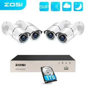 System ZOSI H.265+ 8CH 5MP Poe Security Camera Zestaw System 4x5MP HD IP Kamera na zewnątrz wodoodporne Wodoodporne monitorowanie wideo NVR Zestaw NVR