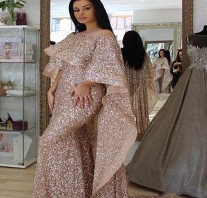 Sparkly Aso Ebi Arabic Gold Evening Dresses Sheer Neck Sequined Prom Dresses Mermaid Sexy Formal Party Second Reception Gowns7886384