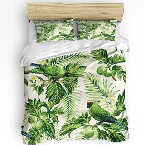 Bettwäsche Sets Grüne Papagei Tier Tropische Pflanzenblume 3pcs Set für Doppelbett Heimattee Textil Bettdecke Quilt Kissenbezug