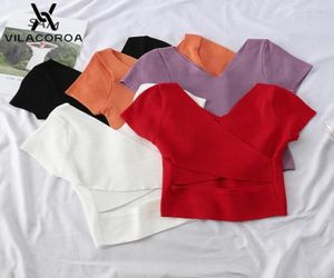 2020 Summer Crop Top Women Thirt Female Open Back Cross Sexy Crops Tops Ladies Cotone Tee Thirt a maniche corta Solido Donne17425725