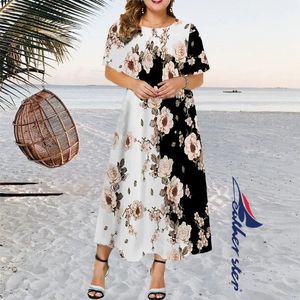 Donne estive taglie forti floreali stampato lunghi abiti a manicotti casual beach beach holiday boho maxi vestito giletidos 240408