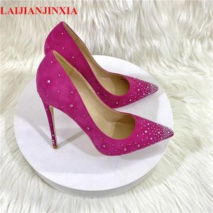 Dress Shoes Rose Pink Flock Women Stileetos Extremely High Heels Ladies Pointed Toe Cute Pumps Slip On OL Customized Accept