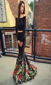 Sexy 2018 Scoop Long Sleeves Evening Dresses Mermaid Floral Printed Skirts Court Train Prom Party Dresses Black Satin Girls Two Pi6504594