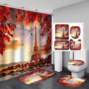 Duschvorhänge romantische Pariser Eiffelturm Vorhang Set Schwarzes rotes Bad Nicht-Schlupfteppich Toilettendeckel Cover Matte Badezimmer Deco