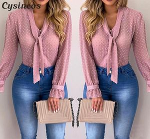 Frauen Blusen Mode Langarm Vneck Pink Hemd Chiffon Büro Bluse Slim Casual Tops Plus Size S5XL1784115
