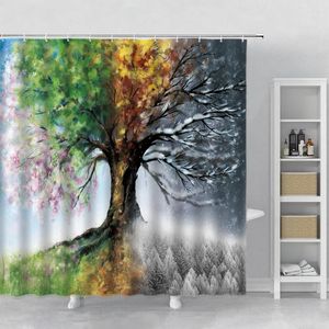 Shower Curtains Creative Painted Tree Curtain Watercolor Spring Summer Autumn Winter Trees Scenery Home Bathroom Decor With Hook