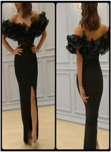 Sexy Black Evening Dresses Ruffle Tiered Organza Front Slit Mermaid Off the Shoulder Slit Prom Dress Arabic Party Gowns5267719