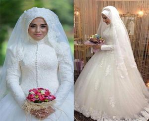 Vintage Muslim Ball Gown Wedding Dresses Long Sleeves High Neck Floral Lace Flower Bridal Gowns Saudi Arabia Islamic Wedding Dress6143509