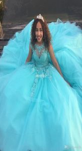 Mint Green Ball Gown Girls QuinCeanera Dresses Open Back Corset Lace Sequins Tulle Cap 2019 Plus Size Sweet 16 Debutante Dress9645438