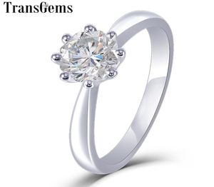 Transgems 14Kホワイトゴールドソリティアモイサナイト婚約リング女性ユニークなオクタゴンカッティング1ct 6mm fカラーモイサナイトリングY199499305