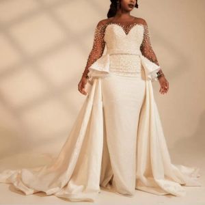 Dresses African Mermaid Wedding Dresses with Over Removable Train Sheer Neck Long Sleeve Sweep Train Garden Country Chapel Bridal Gowns Pl