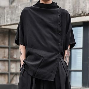 Japanese Stylish Retro Harajuku Button Blouses Mens Fivepoint Sleeve Small Stand Collar Loose Large Size Korean Shirt 240328