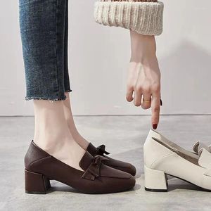 Dress Shoes Female 2024 Spring Leather Heel Casual Retro College Women's Slip-on Shoe Elegant Heeled Loafers Footwear