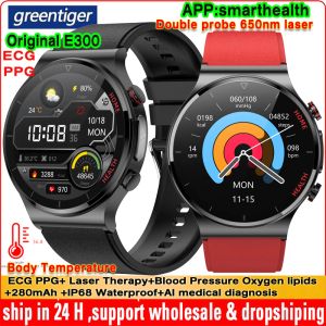 Tittar original E300 Smart Watch ECG Body Temperatur Tracker Laser Therapy Blodtryck Syre Blod Lipider AI Medical Smartwatch