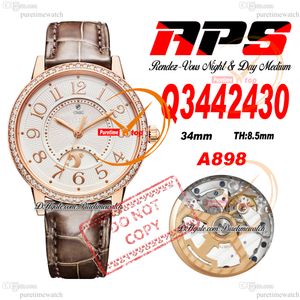 34mm Q3442430 A898 Automatisk kvinnoklocka Rendez-Vous Night Day APSF Rose Gold Diamond Bezel White Textured Dial Brown Leather Super Edition Ladies Puretime PTJL