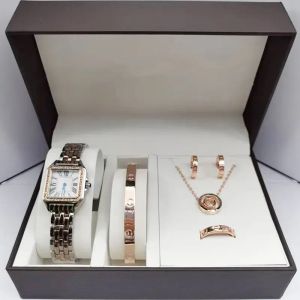 5st. Set mode kvinnliga smycken klockor damer klär vit läder kvarts kvinnor zirkon halsband örhängen ring handleds klocka panthere santo iced out watch watch