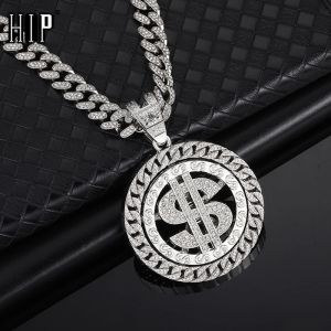 Necklaces HIP HOP AAA+ Rhinestone Rotatable Dollar Iced Out 13mm Miami Cuban Link Chain Pendant Necklaces For Men's Women Jewelry