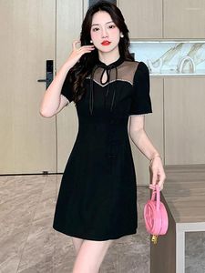 Parti elbiseleri kadınlar pembe patchwork şeffaf seksi mini elbise yaz siyah Koreli Vintage Hepburn balo 2024 boncuk lüks