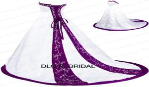 Klassische Perlenverkleidung Hochzeitskleid Ein Linie Court Zug weiß und lila Satin trägerloser Schatz Korset Vestido de Novia Wit6173080