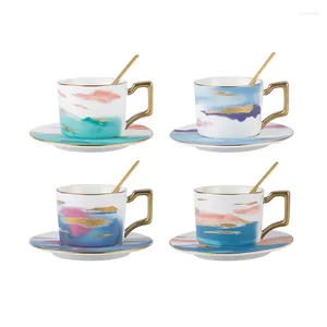 Tassen Untertassen Keramik chinesische Stil Aquarell Kaffeetasse und Untertasse mit Löffel Handfarbe Becher Frühstück Milk Nachmittag Tee Blume Teetasse