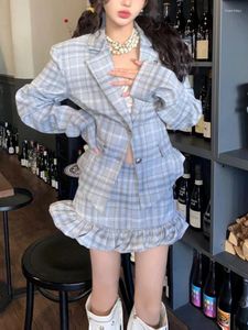 Vestidos de trabalho Estilo formal sexy 2 peças conjunto feminino Blue Plaid Coat Flugue Cantura alta Terno de saia doce feminino Elegante Kawaii Spring