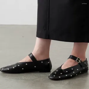 Casual Shoes Rivets Women Flats Genuine Leather Buckles 2024 Spring Summer Fashion Soft Mary Jane Black Woman