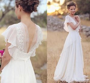 Klänningar 2020 Country Bohemia A Line Wedding Dresses V Neck Kort ärmar Chiffon Summer Beach Wedding Gowns Golvlängd Boho Custom Brida