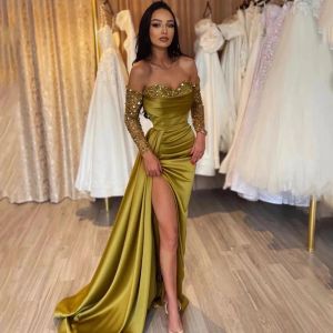 Dresses Sexy Olive Green Split Evening Dresses Mermaid Off The Shoulder Beads Sequins Long Women Night Cocktail Party Gowns Prom Wears