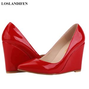 Pumps 14 Colors Women Patent Leather Wedge Shoes Autumn Pointy Toe Shallow Woman Pumps Red Yellow High Heels Female Wedding Dress Shoe