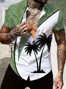 Men's Casual Shirts Coconut Tree And Leaves Pattern Chic Color Block Short SleeveLapel Hawaiian Shirt Summer Vacation Tops