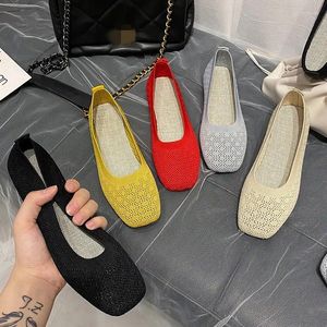 Casual Shoes Women Stretch Knit Sneakers Soft Moccasin Hollow Ballet Flats Summer Candy Color Breattable Loafer Non-Slip Work