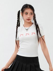 Kadın Tişörtleri Kadın Sevimli Yay Baskı Tişörtleri Yaz Mürettebatı Boyun Kırpılmış Üstler Kawaii Kısa Kollu Slim Fit Bebek Tees Genç Kızlar