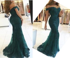 New Designer Dark Green Off The Shoulder Sweetheart Evening Gowns Appliqued Beaded Short Sleeve Lace Mermaid Prom Dresses HY1305576368