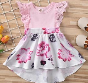 Mädchen Kleider Mädchen Prinzessin Kleid Kinder Blumendruck gedruckter Faltenbeutel 2pcs Sets Kindermodekleidung