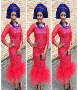 Red Lace Mermaid Prom Dresses 2021 Sheer Neck Aso Ebi Style 34 Långärmad aftonklänningar Plus storlek Party Gown Tea Längd5291291