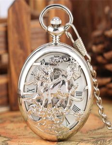 Vine Silver Pocket Watch Hollow Out Case Kirin Design Handwind Mechanische Uhren Skelett Rom Zifferblatt Uhr Anhänger FOB Kette6924555