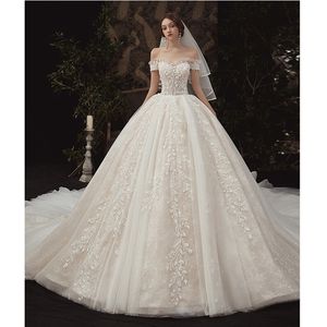 Elegant bling Church Wedding Dress 2024 Vintage off Shoulder Pearls Beaded Ruched A Line Wedding Bride Gowns Arabic Dubai plus size sexy Vestido Garden Bridal Gowns