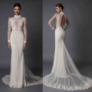 Vestidos Berta Sereia Manga longa Vestidos de noiva Apliques altos miçangas de pescoço oco lusion sexy ilusão de peixe 2020 vestidos de noiva