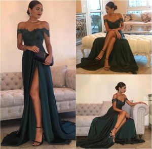 Dark Green 2017 Sexy Prom Sukienki Linia szyfonowa Offthushoulder Floordth długość wysokiej strony dzielonej koronki Elegancka długa sukienka wieczorowa dla 2709037