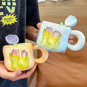 Canecas no estilo instagram tulipa copo fêmea de alta estética caneca de cerâmica com tampa e colher de grande capacidade para café presente