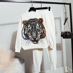 Dwuczęściowe spodnie kobiety ciężkie cekiny w dziedzinie Tiger Drukuj dresy stroje Kobiety czarny biały pullover Sweat