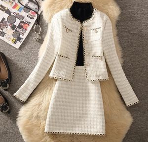Autumn Winter Tweed Two Piece Outfits Set Fashion Woolen Tweed Jacket Coat + Elegant A-Line Skirt Suits Two Piece Set Women