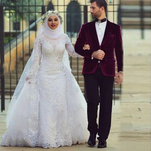 Dresses Saidmhamad High Neck Fully Lace Applique Long Sleeves Muslim Wedding Dresses with Kerchief Crystals Bridal Dress vestido de novia