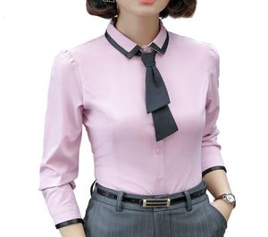 New Women039S Spring Elegant Patchwork Långärmning Tie Formal Wear Ladies Slim Shirt Office Work Blus Womens Tops och Summer8903516