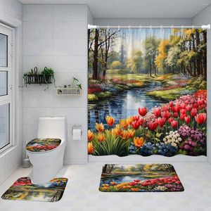 Shower Curtains Flower Curtain Spring Wildflowers Colourful Oil Painting Tulip Farm River Bathroom Mat Toilet Cover Accessories