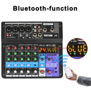 Tillbehör 6 kanaler Sound Mixing Console Bluetooth Mobile USB Record Computer Playback 48V Phantom Power Input Audio Mixer A6