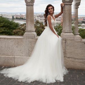 Abiti aline perle perle morbido tulle da donna da sposa da esterno illuso illuso taglio di destinazione abito da sposa vestido de noiva