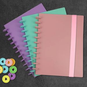 Notebooks Mushroom Hole Binding A4 Colour Looseleaf Diary Notebook Cover with Elastic Strap 11 Pcs Binding Discs DIY Assembly Notebook